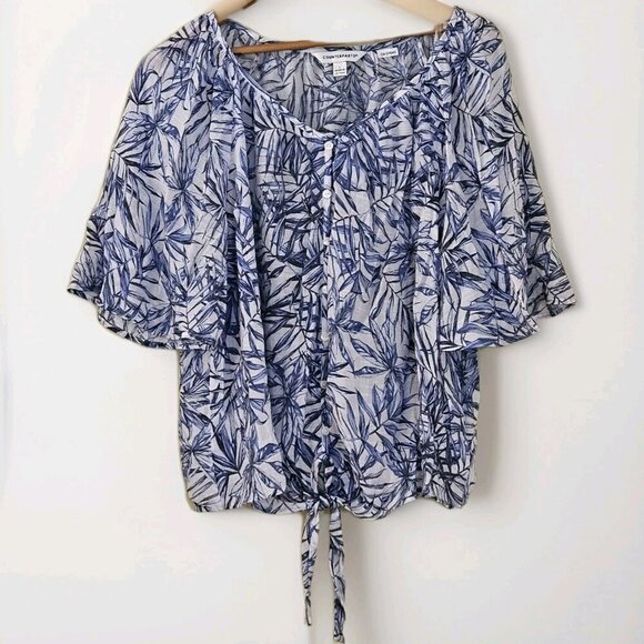 Counterparts Top Womens L White Blue Floral SS Button Tie Front Cottage Light - Picture 1 of 13